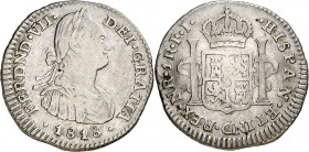 1818. Fernando VII. Santa Fe de Nuevo Reino. FJ. 1 real. (AC. 656) (Restrepo 111-13). Rayitas. Rara y más así. 3,43 g. MBC-/MBC.