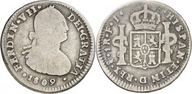 1809/1788. Fernando VII. Santiago. FJ. 1 real. (AC. 661). Parte de la leyenda del anverso calcada en la del reverso. Rara. 3,07 g. BC/BC+.