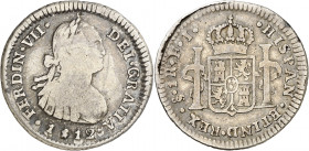 1812/1. Fernando VII. Santiago. FJ. 1 real. (AC. 670). Pequeño intento de perforación en anverso. Rayitas. Escasa. 3,26 g. BC+.