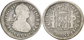 1814. Fernando VII. Santiago. FJ. 1 real. (AC. 674). Ex Áureo 21/05/1996, nº 2500. Escasa. 3,37 g. BC/BC+.