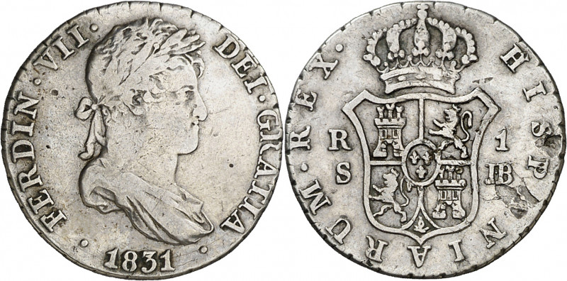 1831. Fernando VII. Sevilla. JB. 1 real. (AC. 680). Golpecitos y hojitas. 2,81 g...