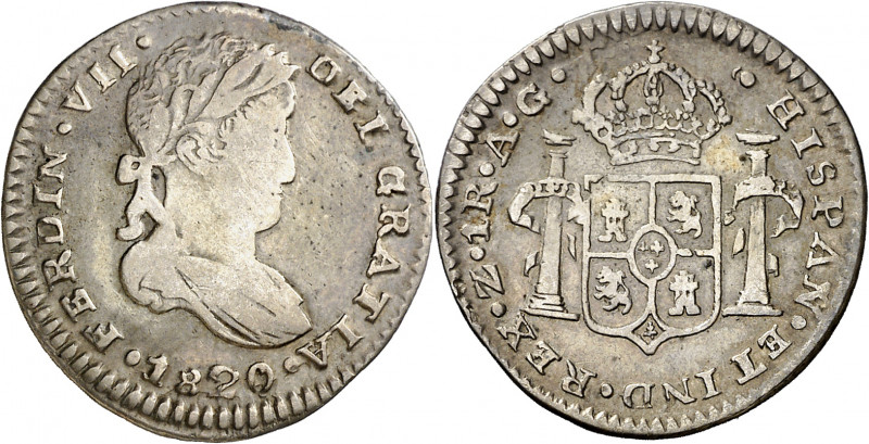 1820. Fernando VII. Zacatecas. AG. 1 real. (AC. 709). Primer año de busto laurea...