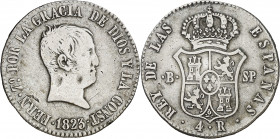 1823. Fernando VII. Barcelona. SP. 4 reales. (AC. 722). Tipo "cabezón". Vanos. Escasa. 5,83 g. BC+/MBC-.