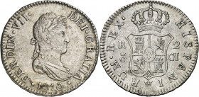 1810. Fernando VII. Cádiz. CI. 2 reales. (AC. 723). Marca de ceca pequeña. Hojitas. 5,61 g. MBC/MBC+.