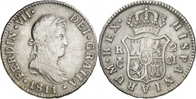 1811. Fernando VII. Cádiz. CI. 2 reales. (AC. 726). Marca de ceca grande. Rayitas. 5,82 g. BC/BC+.