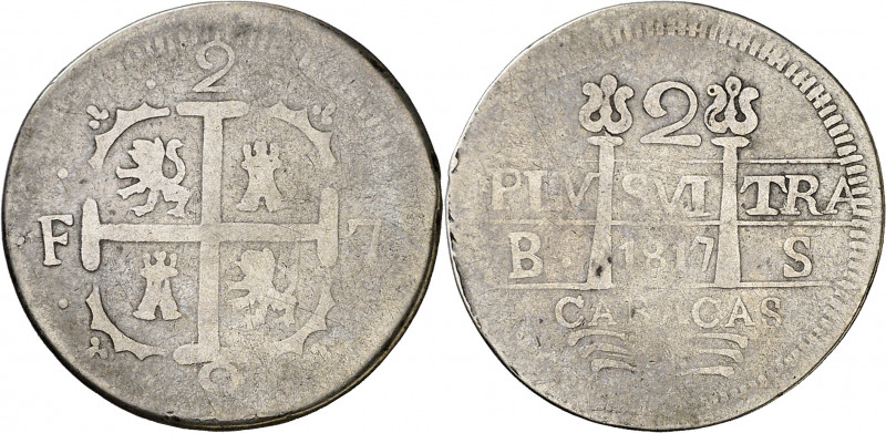 1817. Fernando VII. Caracas. BS. 2 reales. (AC. 728). Leones y castillos. Ex Áur...