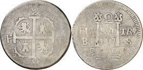 1817. Fernando VII. Caracas. BS. 2 reales. (AC. 728). Leones y castillos. Ex Áureo 29/09/2004, nº 1044. Rara, sólo hemos tenido otros cuatro ejemplare...
