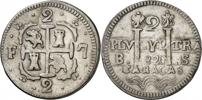 1820. Fernando VII. Caracas. BS. 2 reales. (AC. 733). Leones y castillos. Golpec...