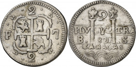1820. Fernando VII. Caracas. BS. 2 reales. (AC. 733). Leones y castillos. Golpecitos. Ex Áureo 04/03/1998, nº 1902. Rara. 4,87 g. MBC.