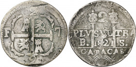1821. Fernando VII. Caracas. BS. 2 reales. (AC. 739). Castillos y leones. Oxidaciones. Escasa. 5,20 g. (BC+).