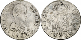 1810. Fernando VII. Catalunya (Reus o Tarragona). FS. 2 reales. (AC. 762). Busto drapeado.Rayitas. Escasa. 5,24 g. BC+.