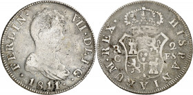 1811. Fernando VII. Catalunya (Tarragona o Mallorca). FS. 2 reales. (AC. 764). Impurezas. 5,64 g. BC+/MBC-.