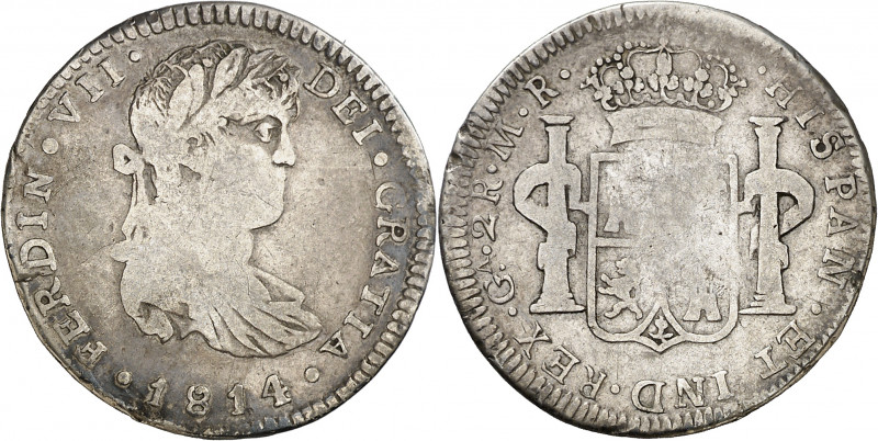 1814. Fernando VII. Guadalajara. MR. 2 reales. (AC. 782). Acuñación descuidada. ...