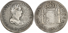 1814. Fernando VII. Guatemala. M. 2 reales. (AC. 797). Rayitas. Acuñación floja. Ex Colección Monterrey, Áureo 03/03/1999, nº 280. Escasa. 6,34 g. MBC...