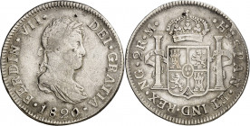 1820. Fernando VII. Guatemala. M. 2 reales. (AC. 803). Dos pequeños intentos de perforación en anverso y reverso. Rayitas. 6,68 g. (BC+).