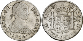 1810. Fernando VII. Lima. JP. 2 reales. (AC. 809). Busto indígena. Muy escasa así. 6,47 g. MBC/MBC+.