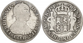 1811. Fernando VII. Lima. JP. 2 reales. (AC. 810). Busto indígena. Escasa. 6,33 g. BC/BC+.