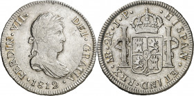 1812. Fernando VII. Lima. JP. 2 reales. (AC. 812). Busto laureado. Ex Áureo 22/04/1998, nº 2763. Escasa así. 6,76 g. MBC/MBC+.