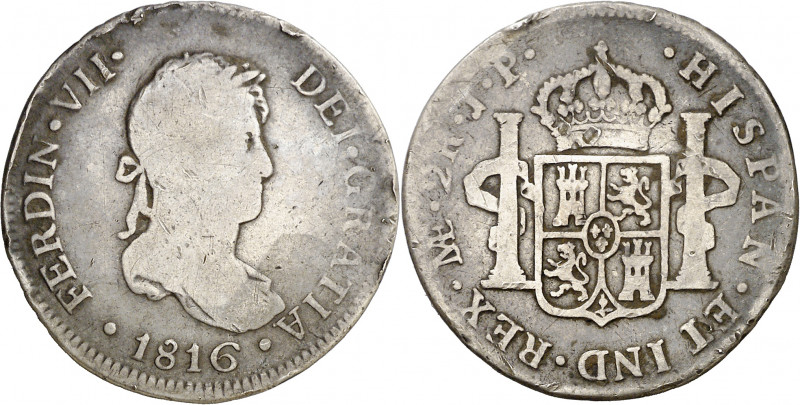 1816. Fernando VII. Lima. JP. 2 reales. (AC. 816). Intento de perforación. 6,31 ...