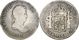 1816. Fernando VII. Lima. JP. 2 reales. (AC. 816). Intento de perforación. 6,31 g. BC/BC+.