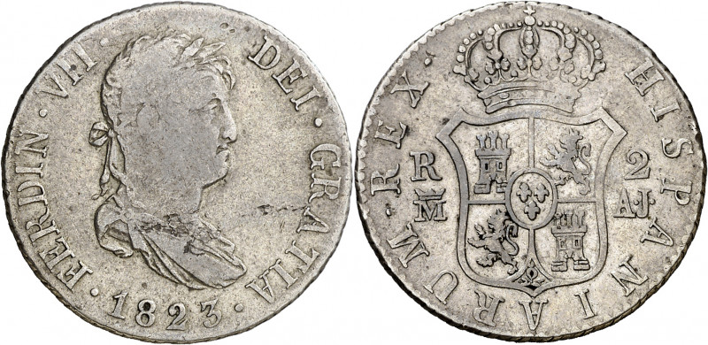 1823. Fernando VII. Madrid. AJ. 2 reales. (AC. 839). Hojitas. 5,86 g. BC+/MBC-.