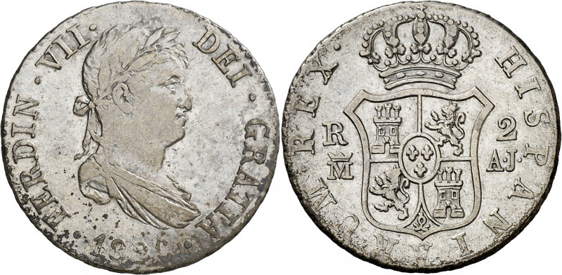 1826. Fernando VII. Madrid. AJ. 2 reales. (AC. 842). Manchitas. 5,87 g. MBC/MBC+...