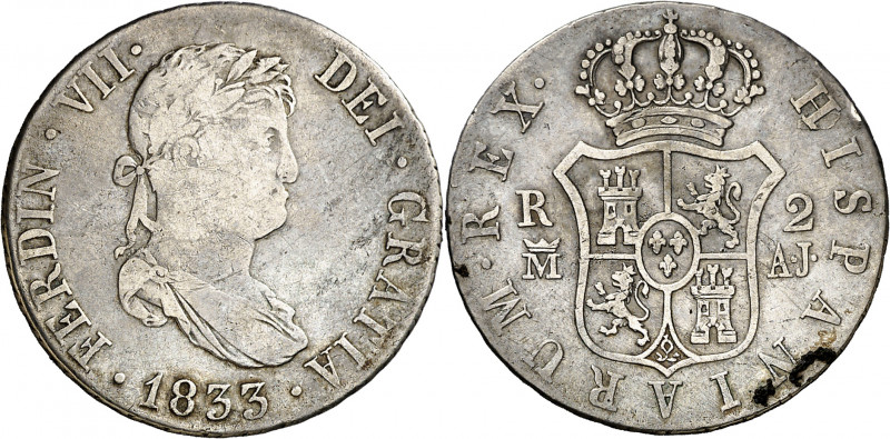 1833. Fernando VII. Madrid. AJ. 2 reales. (AC. 850). 5,78 g. MBC-.