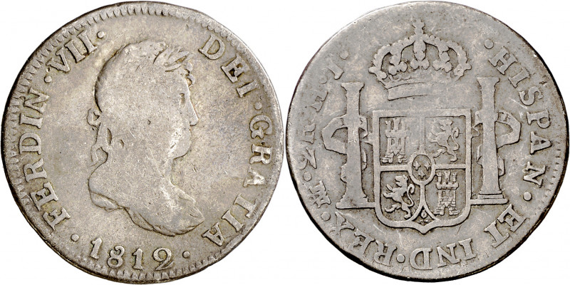 1812. Fernando VII. México. HJ. 2 reales. (AC. 865). Muy rara. 6,38 g. BC/BC+.