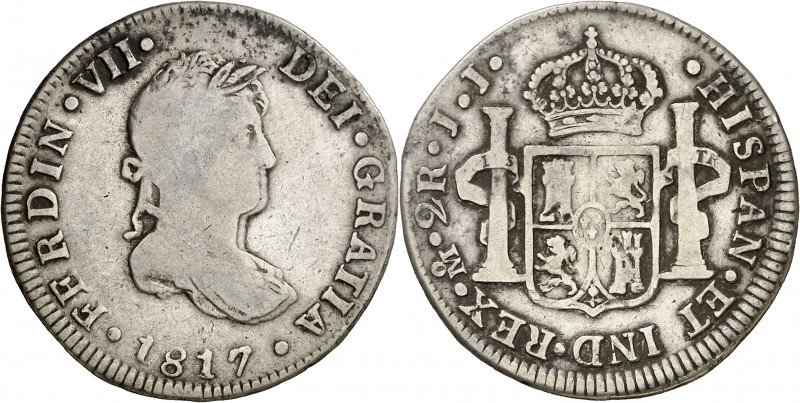 1817. Fernando VII. México. JJ. 2 reales. (AC. 874). Escasa. 6,66 g. BC/BC-.