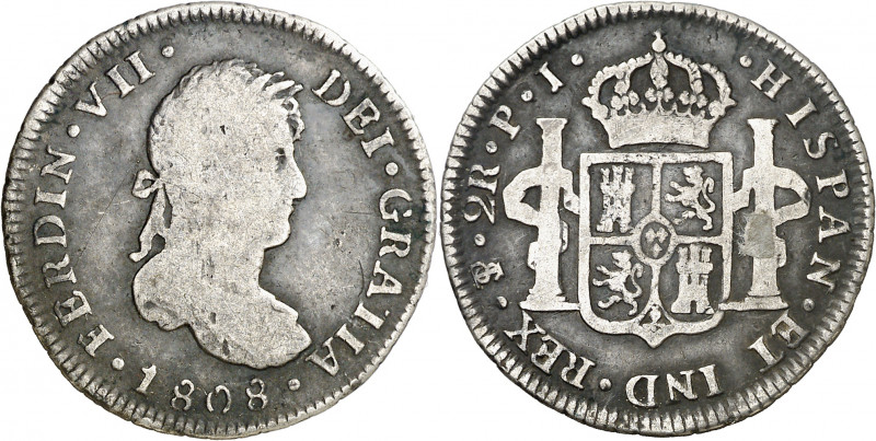 1808. Fernando VII. Potosí. PJ. 2 reales. (AC. 908). Pátina oscura. Escasa. 6,51...