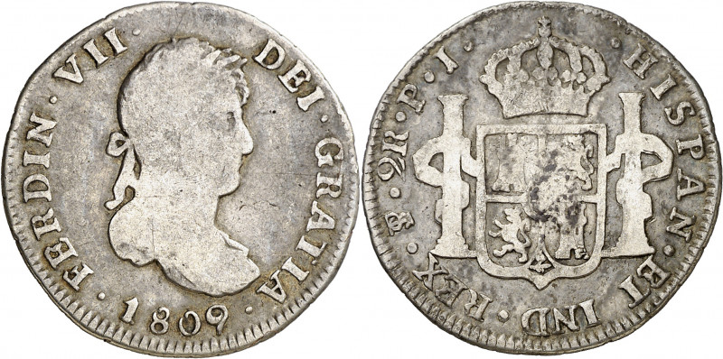 1809. Fernando VII. Potosí. PJ. 2 reales. (AC. 909). Escasa. 6,37 g. BC+.