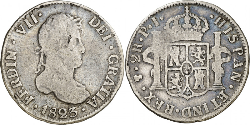 1823. Fernando VII. Potosí. PJ. 2 reales. (AC. 921). Hojitas. 6,44 g. BC/BC+.