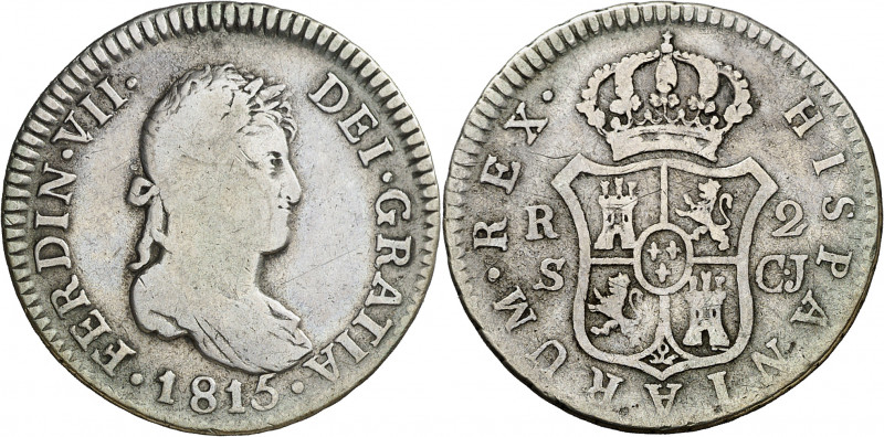 1815. Fernando VII. Sevilla. CJ. 2 reales. (AC. 951). 5,61 g. BC+.