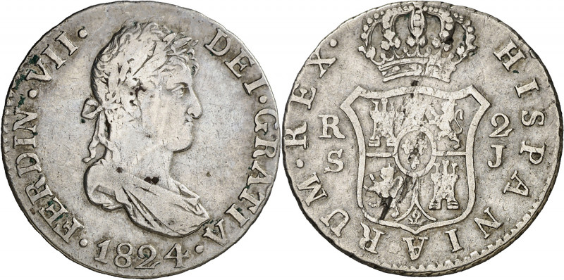 1824. Fernando VII. Sevilla. J. 2 reales. (AC. 955). Rayitas y hojita. 5,80 g. (...