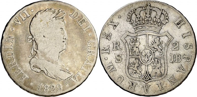 1829. Fernando VII. Sevilla. JB. 2 reales. (AC. 962). Escasa. 5,62 g. BC.