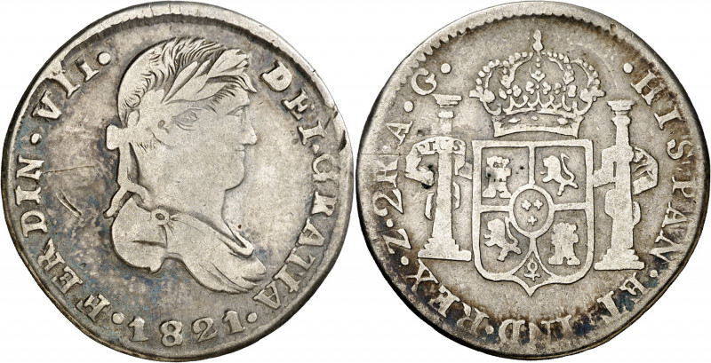 1821. Fernando VII. Zacatecas. AG. 2 reales. (AC. 1013). Rayitas. Ex Áureo 16/04...