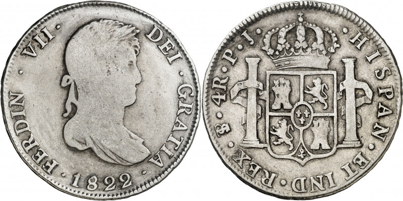 1822. Fernando VII. Potosí. PJ. 4 reales. (AC. 1105). 13,21 g. BC/BC+.