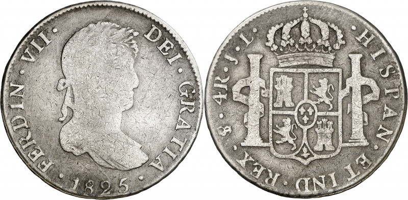 1825. Fernando VII. Potosí. JL. 4 reales. (AC. 1110). Acuñación republicana. 12,...