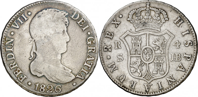 1826. Fernando VII. Sevilla. JB. 4 reales. (AC. 1133). Escasa. 13,23 g. BC/BC+.