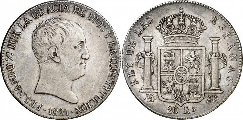 1821. Fernando VII. Madrid. SR. 20 reales. (AC. 1281). Tipo "cabezón". Rara. 26,...