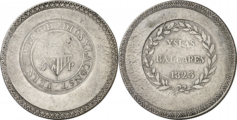 1823. Fernando VII. Mallorca. 5 pesetas. (AC. 1300). ...Y LA CONST. Acuñación fl...