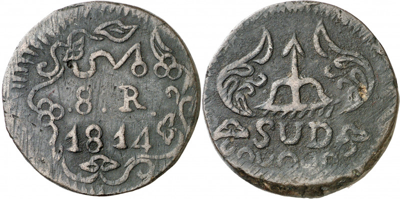 1814. Fernando VII. Morelos. 8 reales. (AC. 1344). Con adornos. CU. 24,20 g. MBC...