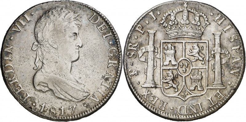 1817. Fernando VII. Potosí. PJ. 8 reales. (AC. 1381). 26,70 g. MBC-/MBC+.