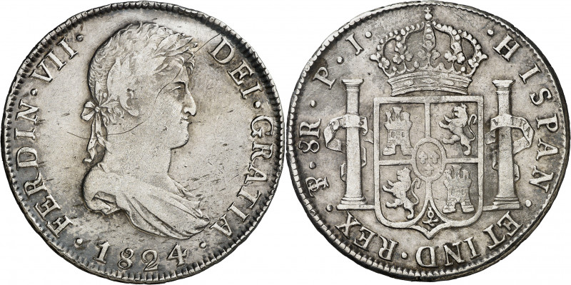 1824. Fernando VII. Potosí. PJ. 8 reales. (AC. 1391). Rayitas. Escasa. 26,40 g. ...