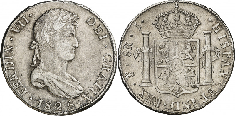 1825. Fernando VII. Potosí. J. 8 reales. (AC. 1393). Leves golpecitos. Muy escas...