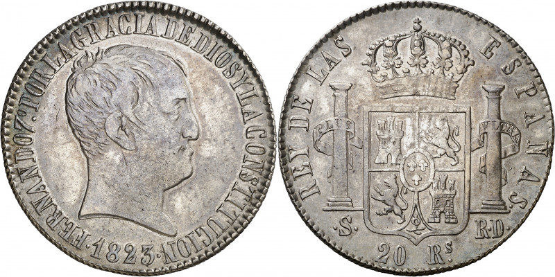 1823. Fernando VII. Sevilla. RD. 20 reales. (AC. 1423). Tipo "cabezón". Leves ma...