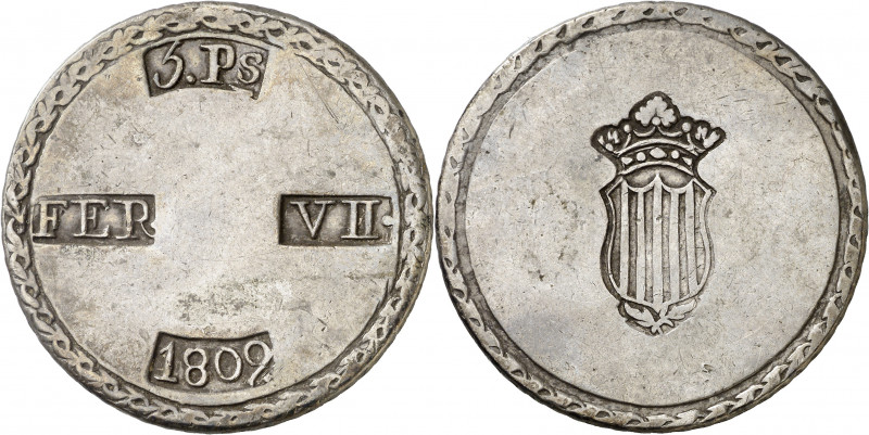 1809. Fernando VII. Tarragona. 5 pesetas. (AC. 1429). Escudo estrecho y alargado...