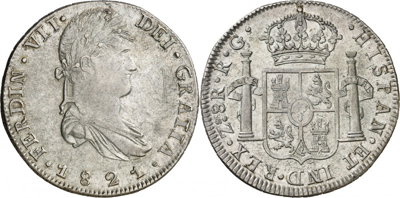 1821. Fernando VII. Zacatecas. RG. 8 reales. (AC. 1465). Rayitas. Parte de brill...