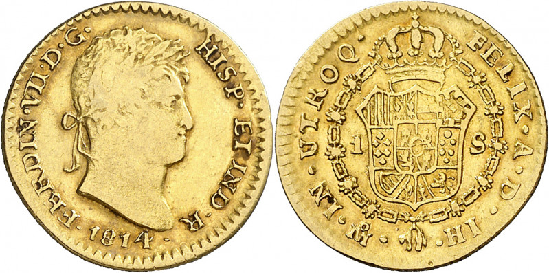 1814. Fernando VII. México. HJ. 1 escudo. (AC. 1515). Primer año de busto laurea...