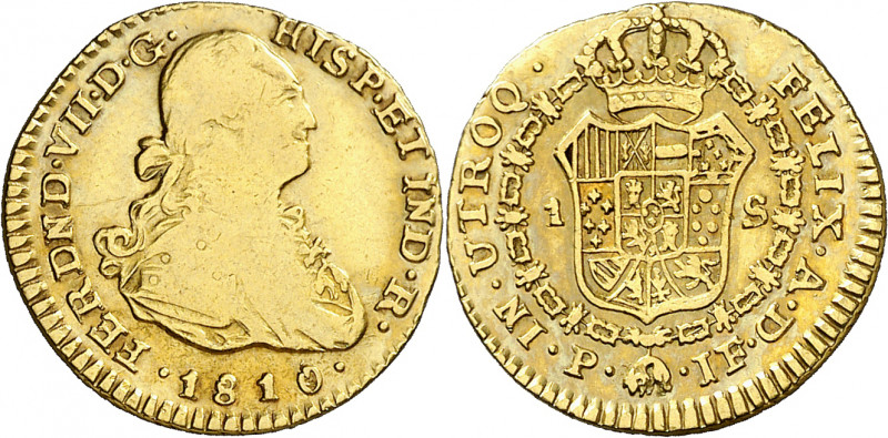 1810. Fernando VII. Popayán. JF. 1 escudo. (AC. 1525) (Restrepo 123-5). Escasa. ...